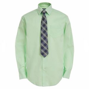 Boys Chaps Button-Up Mint Green Long Sleeve Shirt & Matching Plaid Tie Set NWT!